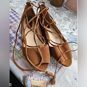 Comptoir des Cotonniers Suede Wrap Tassel Tie Up Peep Top Flats Sz 40 EU